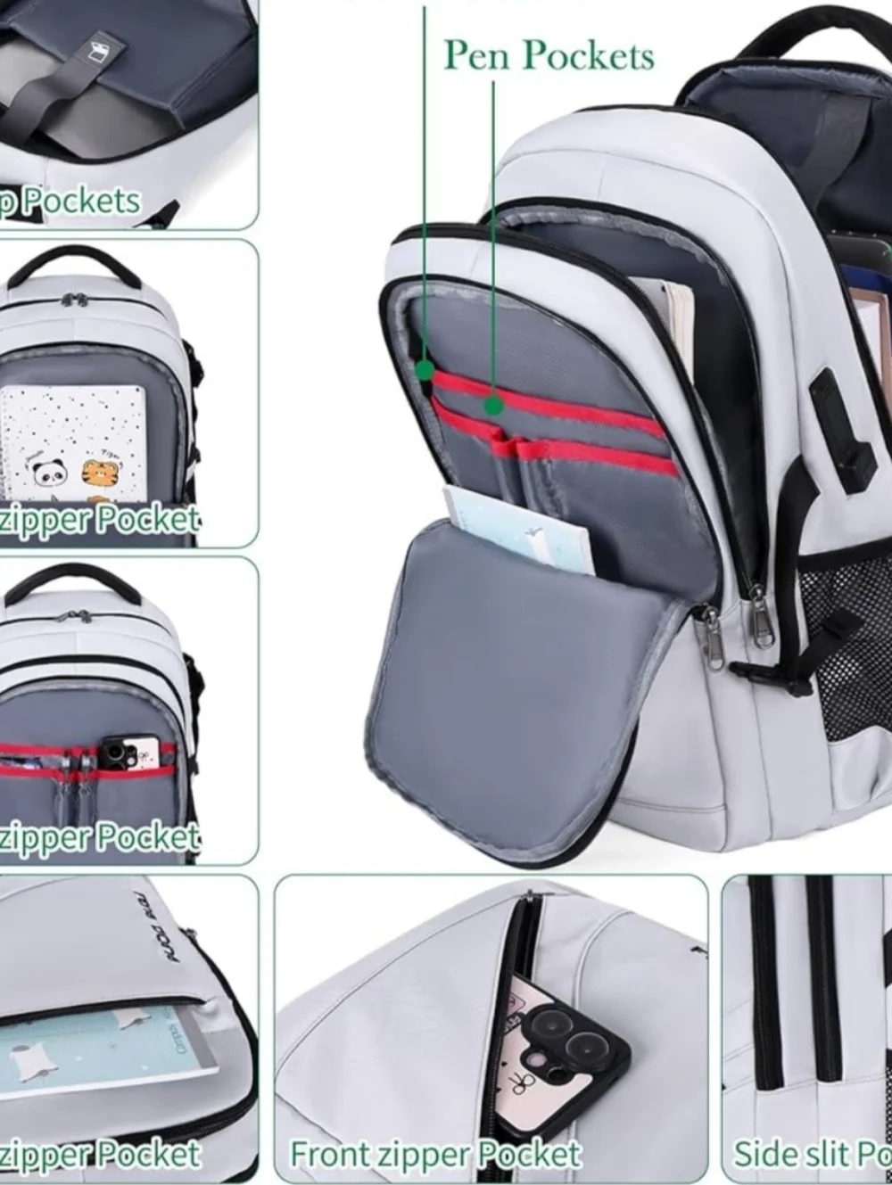 Feng Dong Light Silver Large Travel & Laptop Backpack, New.